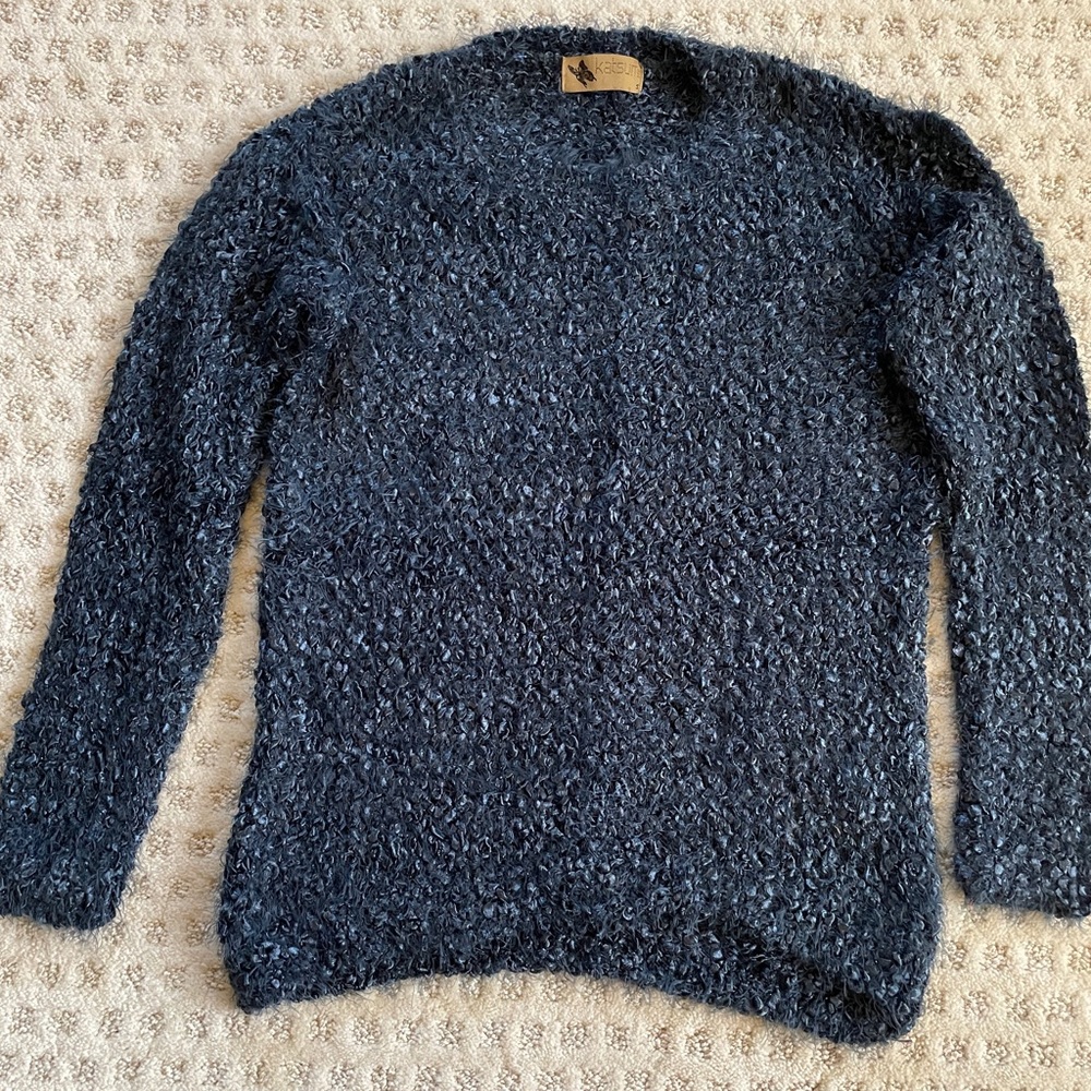 Blue loose knit sweater, silky knit, crew neck